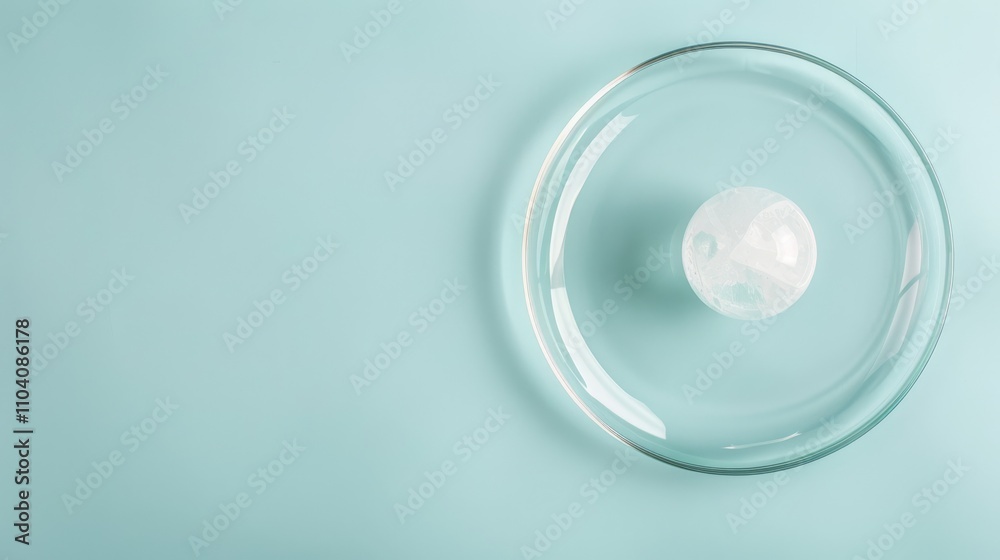 Top view of circle dish and clear ball on light blue paper background with empty space for displaying cosmetic products, food, and props.