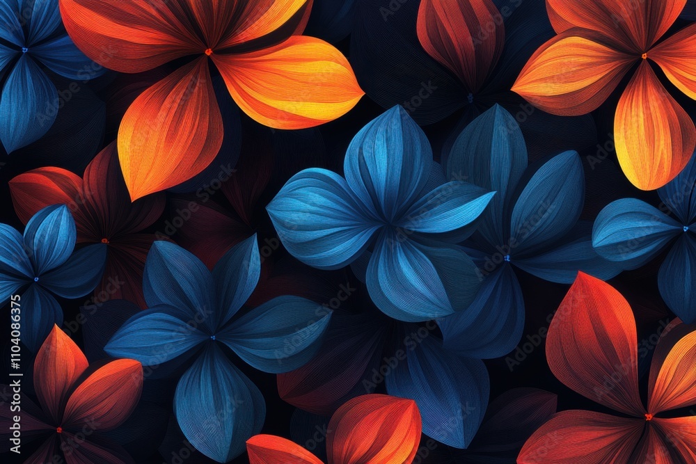Vibrant floral design featuring large blue and red flowers against a dark background, creating a striking visual contrast. Vibrant floral design featuring large blue and red flowers against a dark background, creating a striking visual contrast.