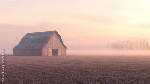 Serene Morning at the Lonely Barn - Ultra-Detailed Photorealistic Landscape of Misty Countryside with Barn and Trees Silhouettes