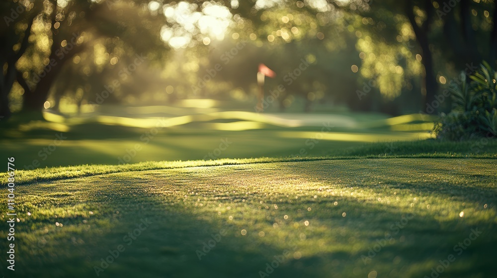 Golf club on green course with flag in soft morning light Golf club on green course with flag in soft morning light