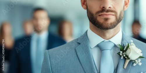 A well-dressed groom in a light blue suit with a white boutonnière stands poised, exuding elegance and sophistication, representing a classic wedding style. photo