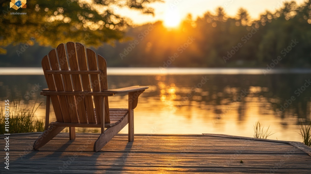 Fototapeta premium Adirondack chair on boat dock at calm lake in soft sunlight