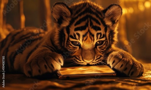 Curious Tiger Cub Exploring a Smartphone Screen
