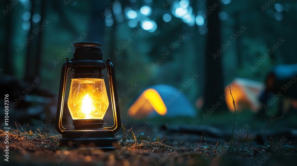 A glowing lantern illuminates a serene campsite in the forest, with tents visible in the background, creating a peaceful outdoor atmosphere. A glowing lantern illuminates a serene campsite in the forest, with tents visible in the background, creating a peaceful outdoor atmosphere.