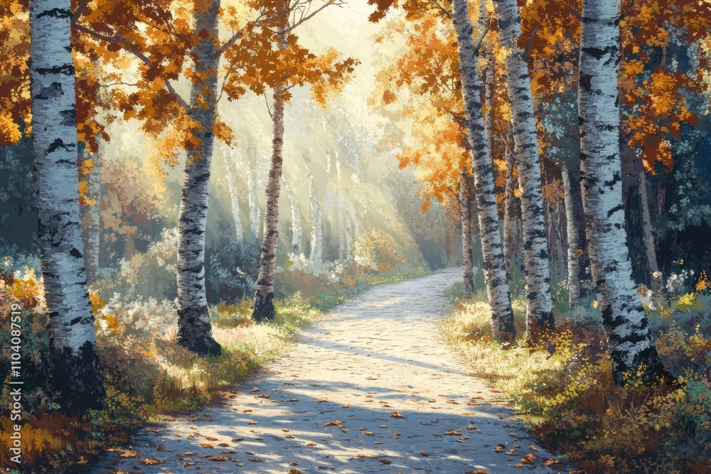 Fototapeta premium A serene autumn pathway surrounded by golden birch trees illuminated by soft sunlight.