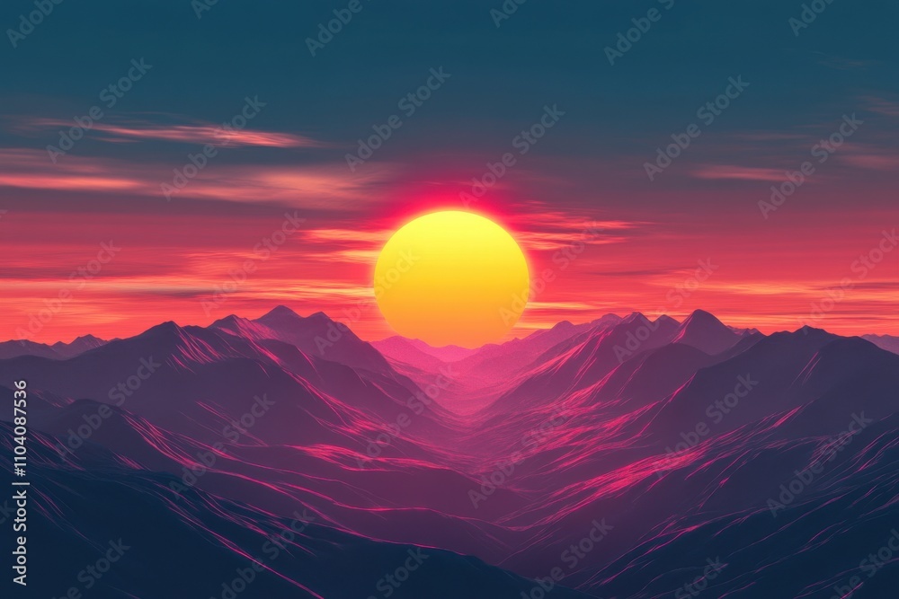 Vibrant sunset over majestic mountains, featuring a bright sun and colorful sky with hints of pink and purple hues. Vibrant sunset over majestic mountains, featuring a bright sun and colorful sky with hints of pink and purple hues.
