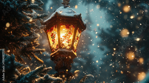 Snowy Streetlamp Illuminating a Festive Winter Scene
