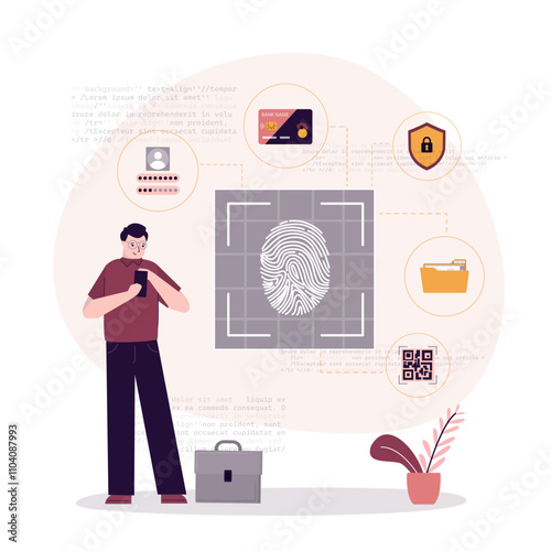 Security and biometrics. Caucasian male user scanning via fingerprint. protection system. Identification for permissions and access. Authentication and verification.