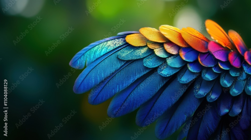 Fototapeta premium Close-up of vibrant, colorful feathers in shades of blue, green, and orange, reflecting light beautifully against a blurred natural background.