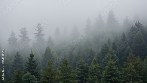 Misty forest with dense evergreen trees and atmospheric fog