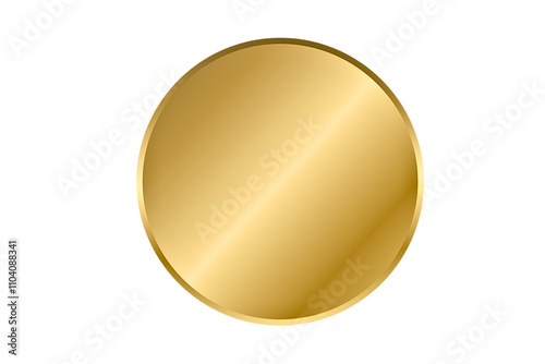gold circle round background. Golden metal round isolated on white. Metallic shiny element. Circular metal button. Ideal for badge, award, border, plaque. PNG, cut out