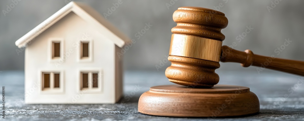 Justice and Home A Symbolic Representation of Law and Architecture - A Wooden Gavel Beside a Miniature House in a Subdued Courtroom Setting Justice and Home A Symbolic Representation of Law and Architecture - A Wooden Gavel Beside a Miniature House in a Subdued Courtroom Setting