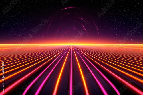 Vibrant neon horizon with glowing lines under starry sky