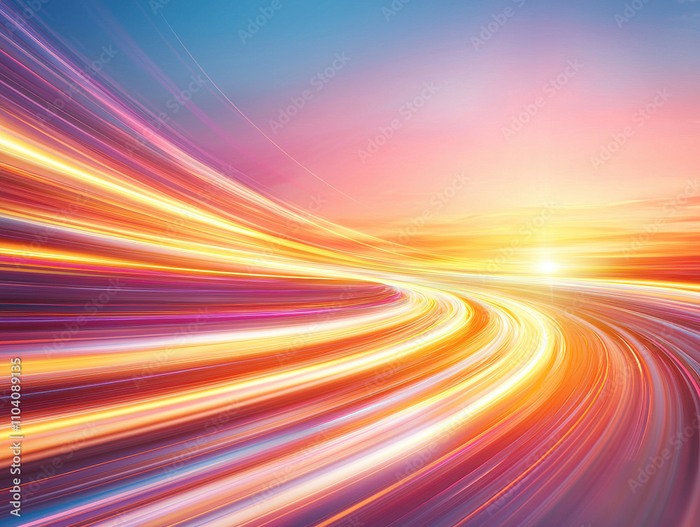 Dynamic light trails against vibrant sunset sky Dynamic light trails against vibrant sunset sky