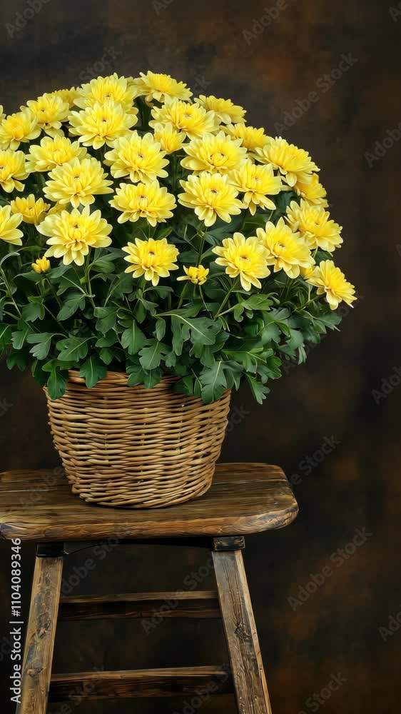 custom made wallpaper toronto digitalBright yellow chrysanthemums in a woven basket on a wooden stool against a dark background create a cheerful atmosphere