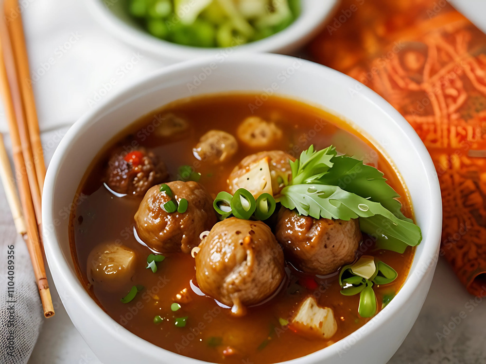 Authentic Indonesian Bakso in a Traditional Bowl Authentic Indonesian Bakso in a Traditional Bowl