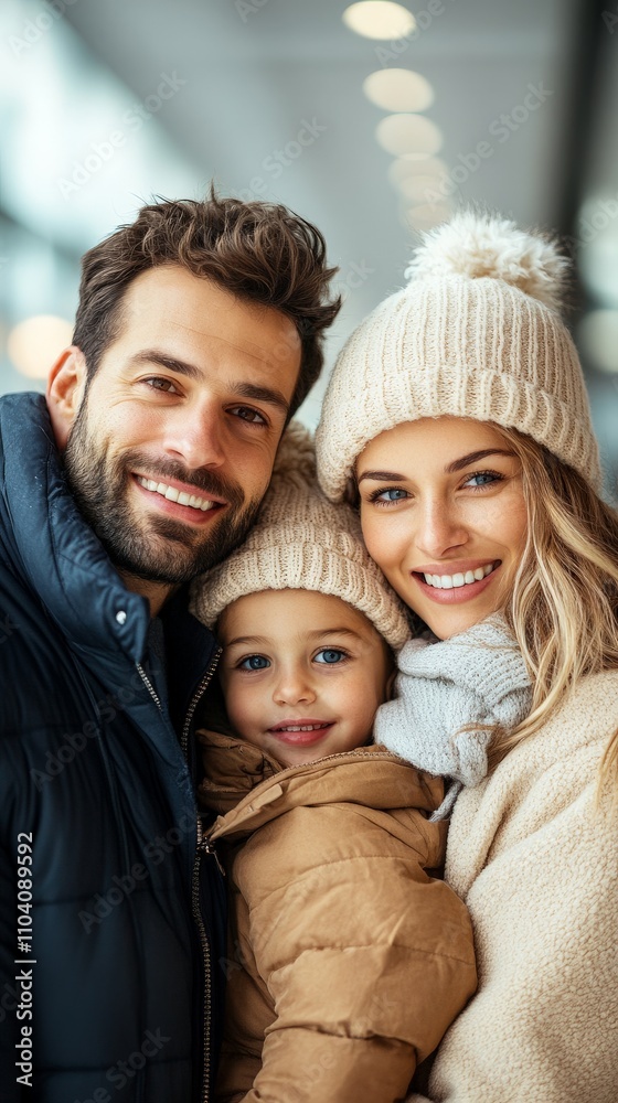 A happy family of three, dressed in cozy winter attire, smiles warmly while posing closely together in an indoor environment, showcasing love and warmth. A happy family of three, dressed in cozy winter attire, smiles warmly while posing closely together in an indoor environment, showcasing love and warmth.
