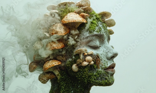 Surreal Nature Face with Mushrooms and Moss photo