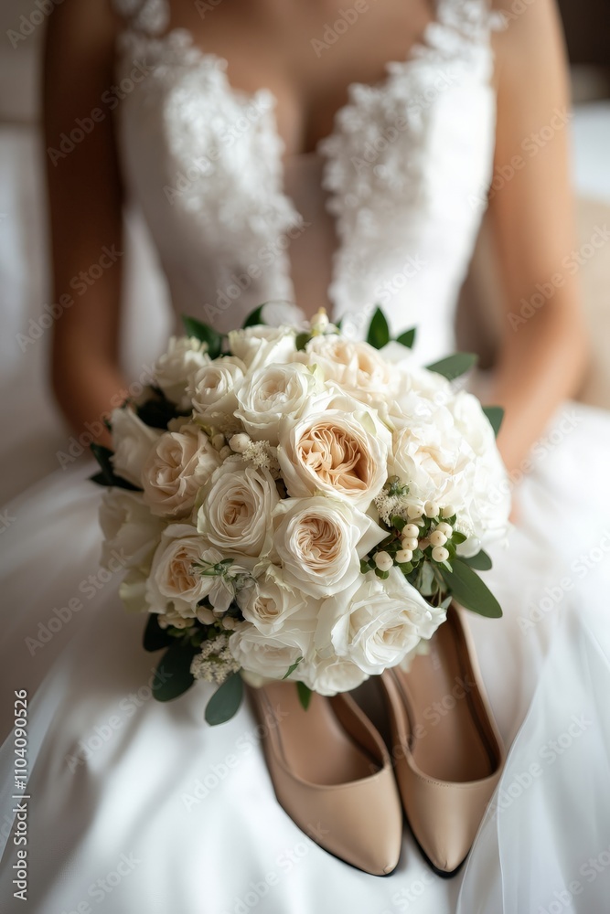 Naklejka premium A bride in a detailed, elegant white gown holds a beautifully arranged bouquet of white roses and matching shoes, conveying purity and elegance on her special day.