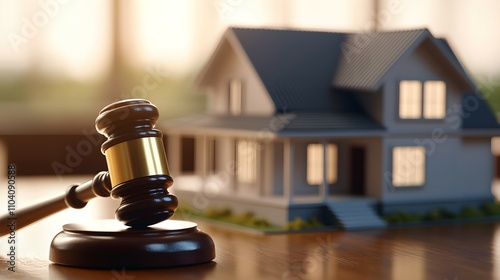 Justice and Home Symbolic Gavel Beside Detailed House Model in Warm Tones - Captivating Imagery of Law and Housing Rights in a Minimalistic Courtroom Setting