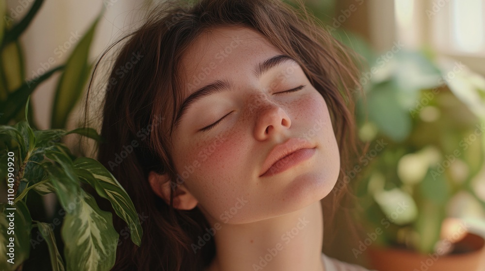 A woman rests peacefully beside a potted plant, perfect for a serene and calm atmosphere A woman rests peacefully beside a potted plant, perfect for a serene and calm atmosphere