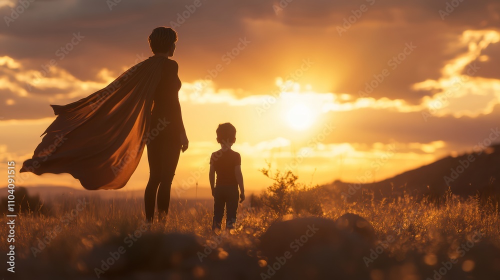 Heroic parent silhouette with child at sunset Heroic parent silhouette with child at sunset