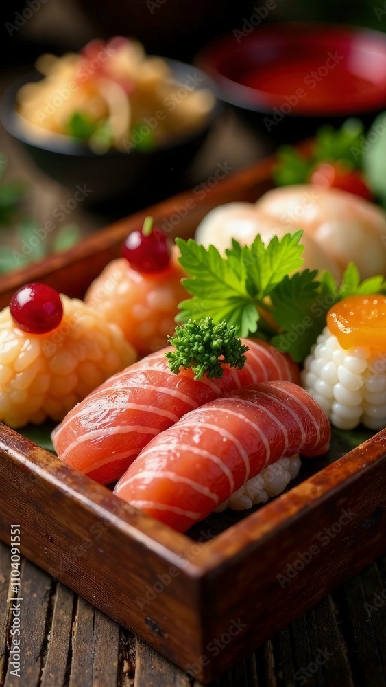 Vibrant Japanese osechi box with traditional New Year foods, elegant modern setup, soft lighting Vibrant Japanese osechi box with traditional New Year foods, elegant modern setup, soft lighting