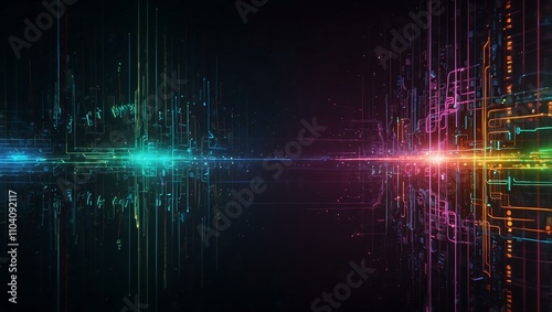 Abstract electronic background with neon lights and patterns.