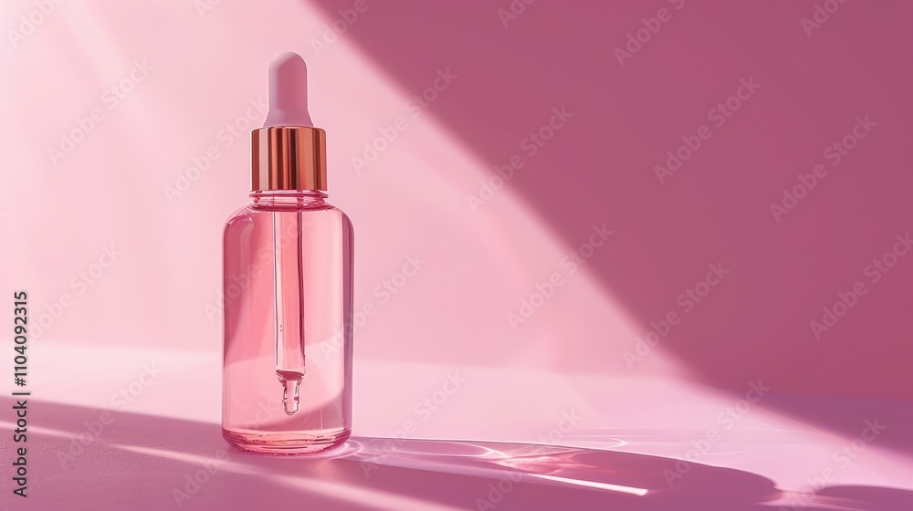 Cosmetic oil dropper bottle shadow in warm hue on soft pink, exudes calm and natural beauty with simple elegance. Cosmetic oil dropper bottle shadow in warm hue on soft pink, exudes calm and natural beauty with simple elegance.