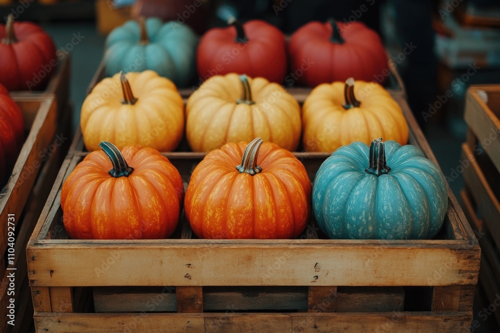 A wooden crate filled with variously colored pumpkins, ready for harvest or decoration A wooden crate filled with variously colored pumpkins, ready for harvest or decoration