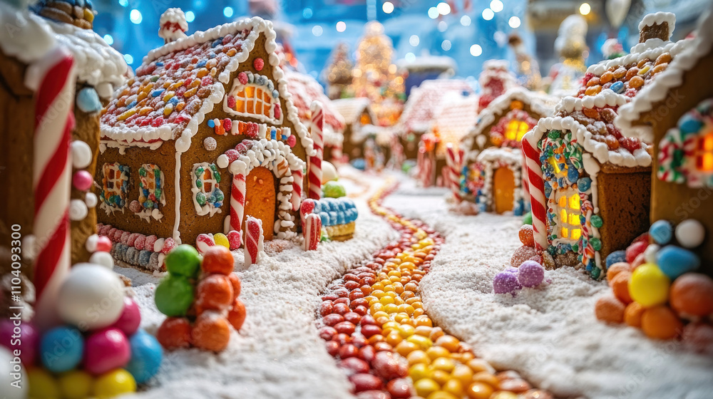 Naklejka premium Whimsical Gingerbread Village with Colorful Treats