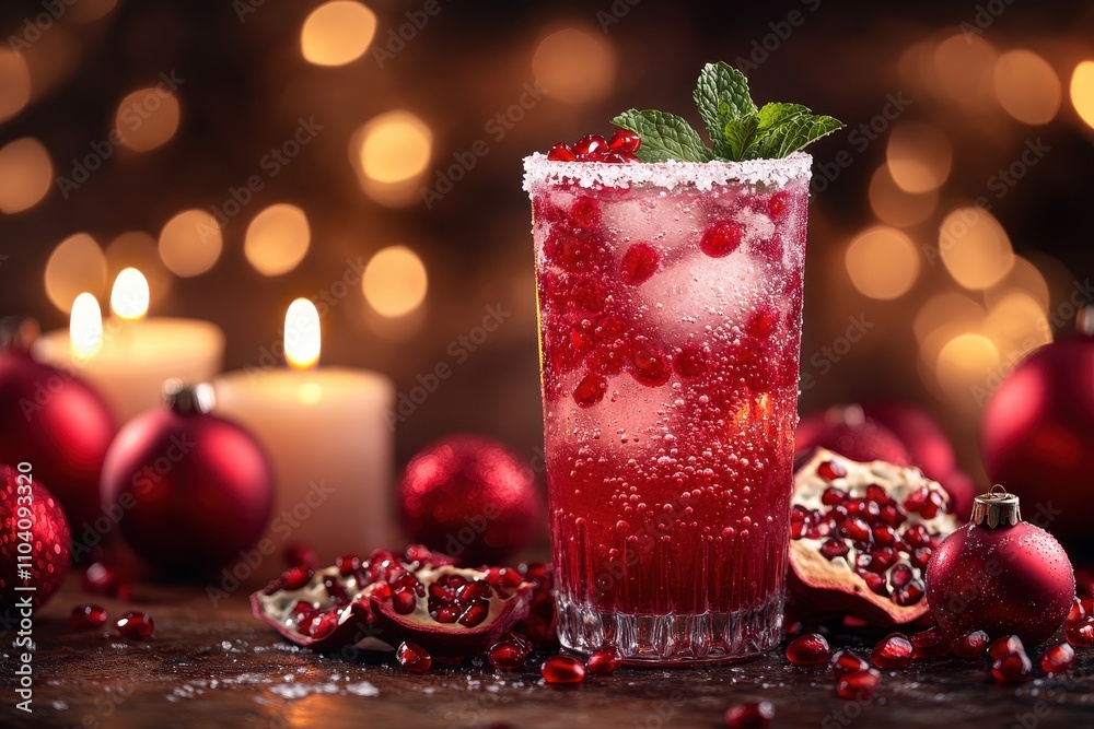Vibrant Cranberry Cocktail with Christmas Ornaments - Holiday Festive Scene Vibrant Cranberry Cocktail with Christmas Ornaments - Holiday Festive Scene