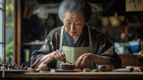 Japanese female Noh maskmaker carving with focused expression in Osaka photo