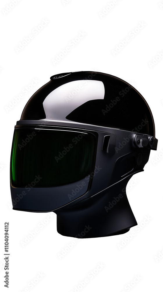 Futuristic Black Helmet with Green Visor on Transparent Background Futuristic Black Helmet with Green Visor on Transparent Background