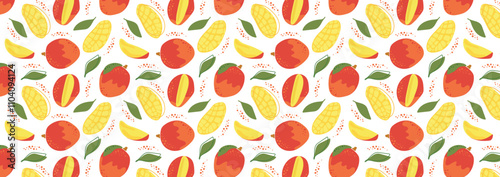 Abstract tropical mango pattern in flat style. Fresh, delicious fruit seamless pattern. Vector background. Summer freshness for health. For background, juice, ice cream or packaging.