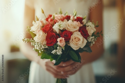 A bride holds an elegant bouquet of red and white roses, symbolizing love, purity, and elegance as she stands in anticipation on her wedding day. photo