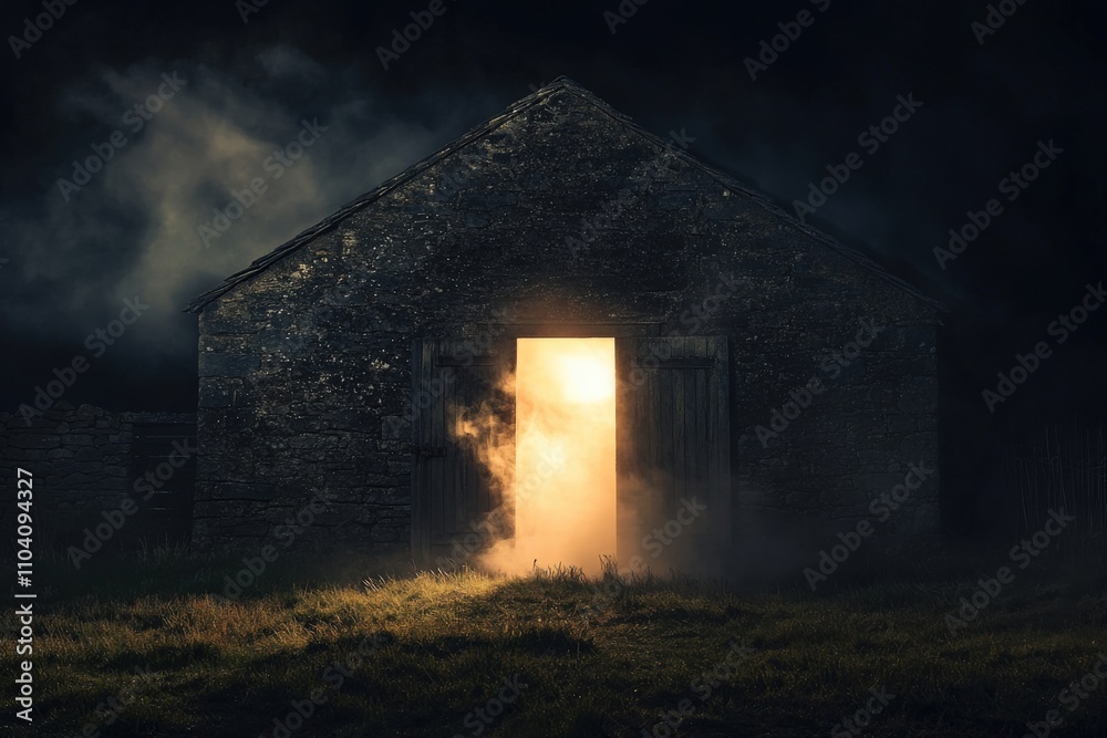 Barn At Night. Smoke Drifting from Open Doors of Old Stone Barn in the Dark Barn At Night. Smoke Drifting from Open Doors of Old Stone Barn in the Dark