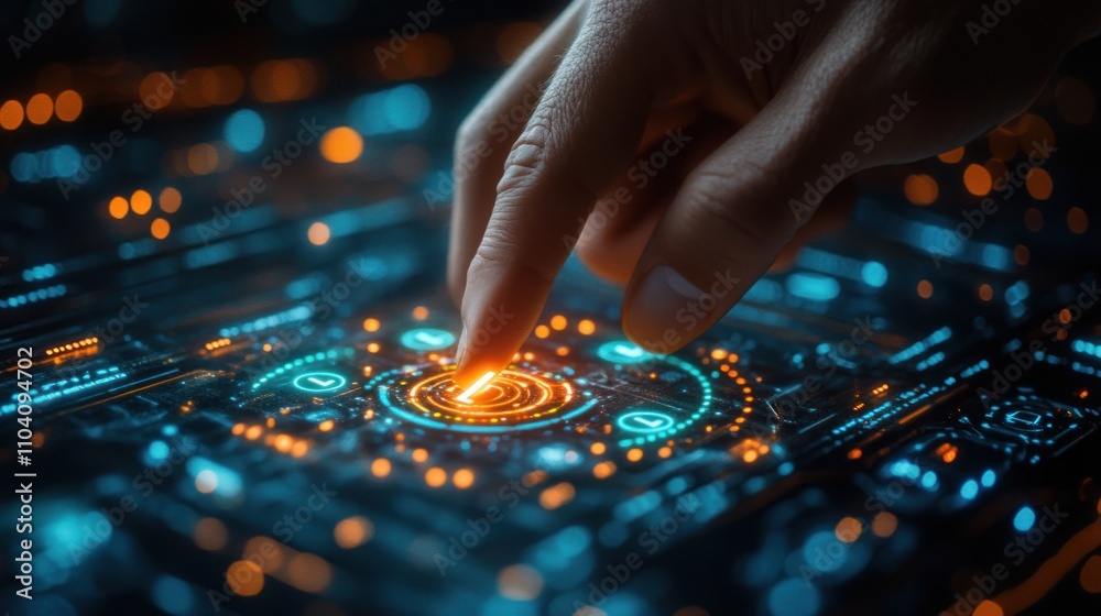 Naklejka premium Fingertip activating glowing futuristic interface.