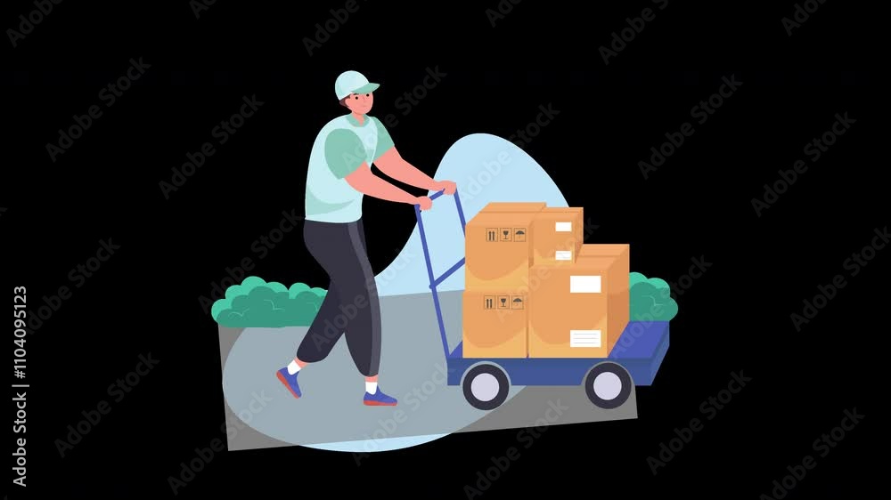 This illustration shows a delivery worker moving boxes on a cart in a vibrant urban setting, emphasizing logistics, shipping, transportation, and the supply chain's hard work. This illustration shows a delivery worker moving boxes on a cart in a vibrant urban setting, emphasizing logistics, shipping, transportation, and the supply chain's hard work.