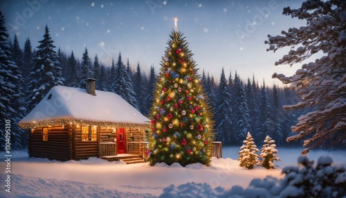 Cozy Holiday Cabin with Twinkling Lights and Snowfall