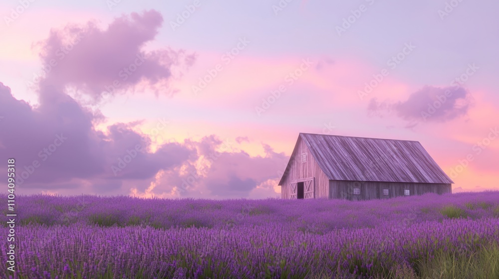 Serene Twilight: Barn in Lavender Field at Dusk in Ultra-Detailed Photorealism Serene Twilight: Barn in Lavender Field at Dusk in Ultra-Detailed Photorealism