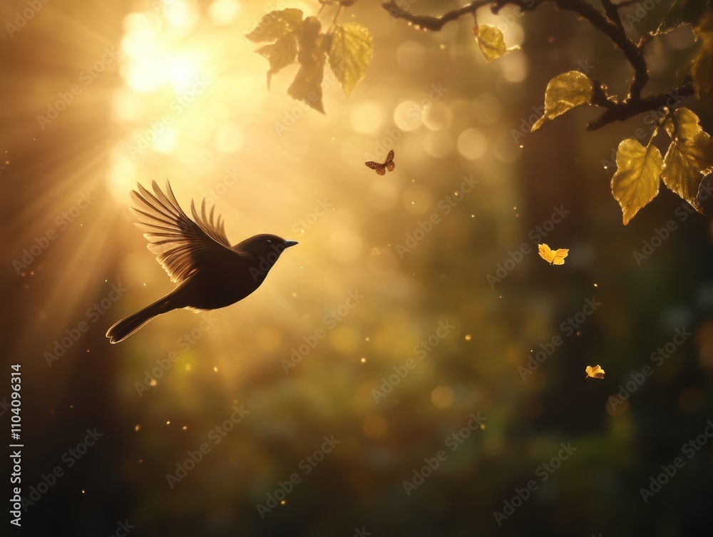A serene scene depicts a bird in flight amidst warm sunlight filtering through leaves, creating an enchanting atmosphere, Ideal for nature-themed projects, invitations, or tranquil backgrounds, A serene scene depicts a bird in flight amidst warm sunlight filtering through leaves, creating an enchanting atmosphere, Ideal for nature-themed projects, invitations, or tranquil backgrounds,