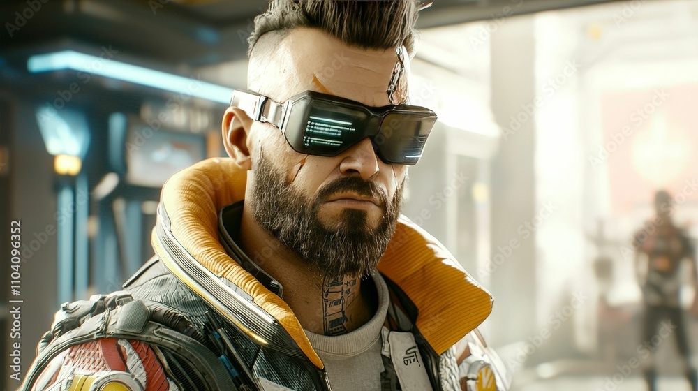 Fototapeta premium dystopia society concept. A futuristic character with a stylish beard and sunglasses, dressed in a high-tech outfit, stands in a vibrant, urban environment.