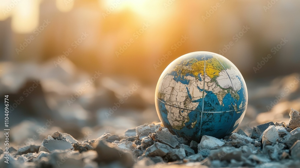 dystopia society concept. A globe rests on rocky terrain, illuminated by soft sunlight, symbolizing Earth and highlighting environmental themes. dystopia society concept. A globe rests on rocky terrain, illuminated by soft sunlight, symbolizing Earth and highlighting environmental themes.