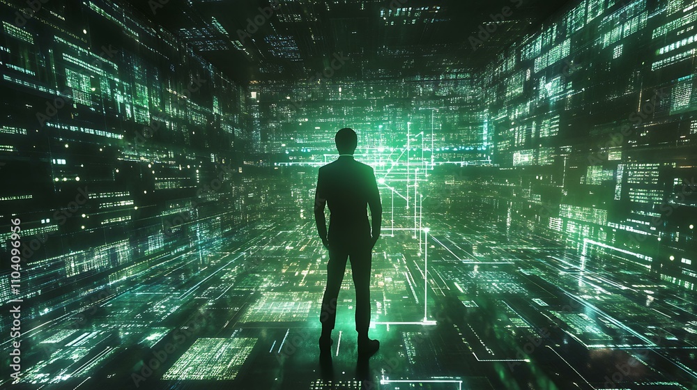 Man in a digital environment using AI tools, surrounded by data streams and online connectivity symbols Man in a digital environment using AI tools, surrounded by data streams and online connectivity symbols