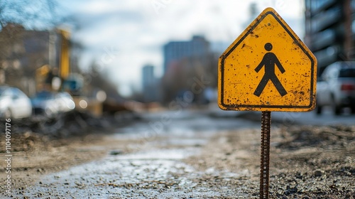 A yellow pedestrian warning sign stands in a muddy urban area, signaling caution amidst ongoing construction or roadwork. photo