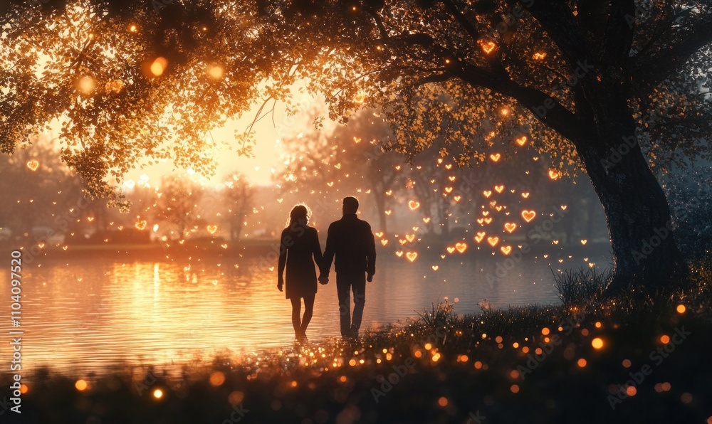 Fototapeta premium Romantic Sunset Stroll by the Water
