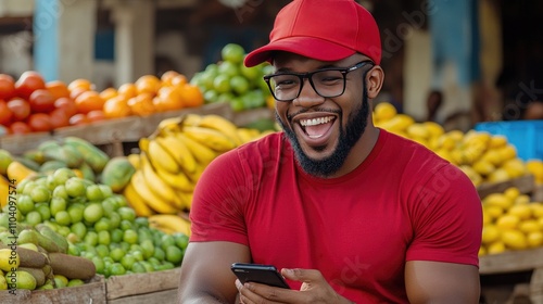 Excited shopper enjoying fresh fruits and drinks in Guaynabo, Cuba while checking his cell phone photo