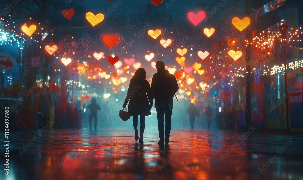 Romantic Stroll in Heart-lit Rainy Street Romantic Stroll in Heart-lit Rainy Street