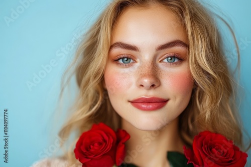 A cheerful woman with freckles holds vibrant red roses near her face, set against a striking blue background, creating a lively and vivid portrait of happiness.